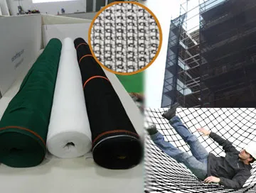 Rolled up industrial fabrics in green and white, close-up of netting material, and a man lying on a large safety net against a backdrop of scaffolding at a construction site.